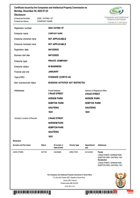 South Africa certificate of company registration Word and PDF template